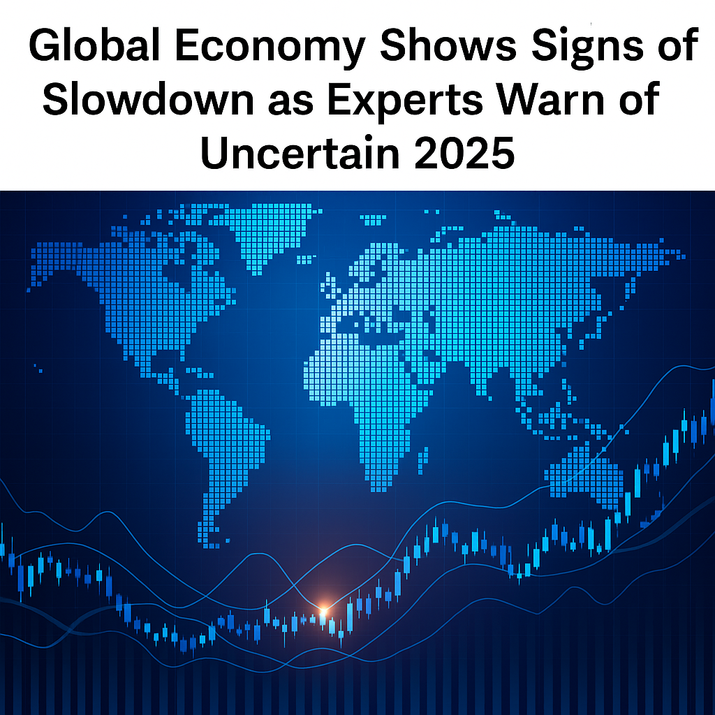 Global economy slowdown with world map and declining stock chart